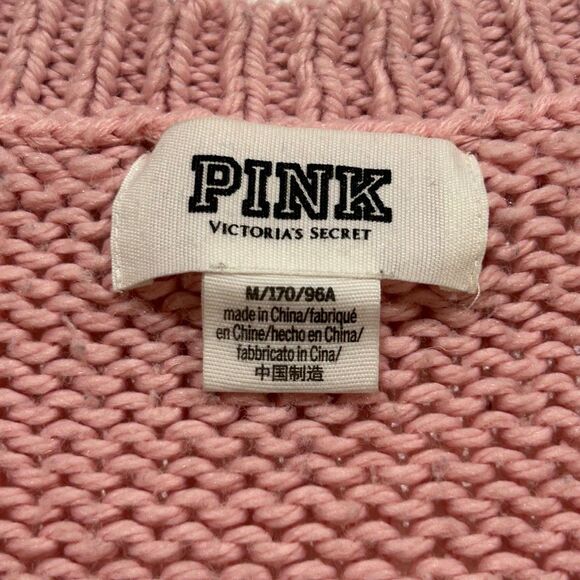 PINK Victoria’s Secret Women’s Medium Pink Chunky Knit V-Neck Sweater - Picture 3 of 5